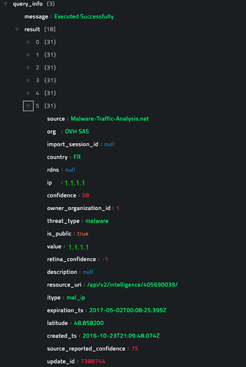 Sample output of the Run Filter Language Query operation