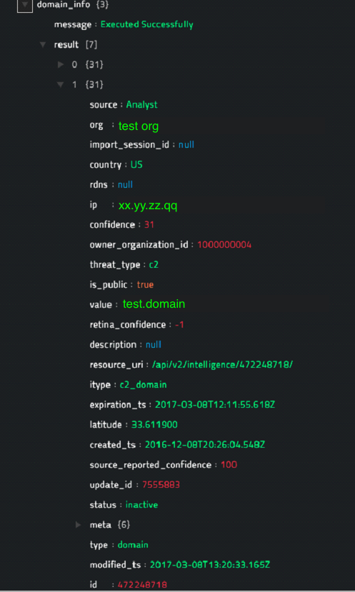 Sample output of the Get Domain Reputation operation