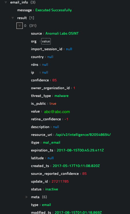 Sample output of the Get Email Reputation operation