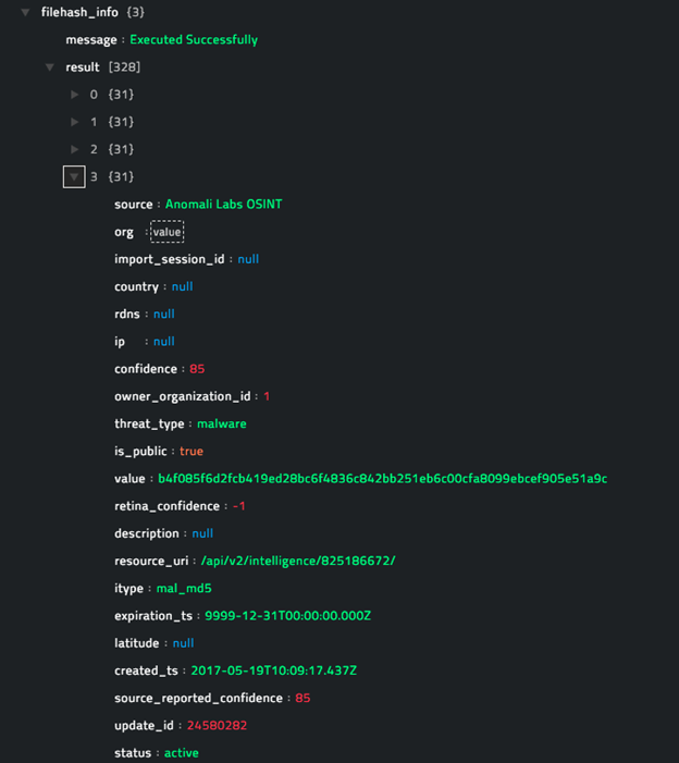 Sample output of the Get File Reputation operation