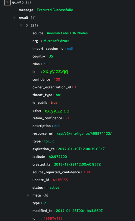 Sample output of the Get IP Reputation operation