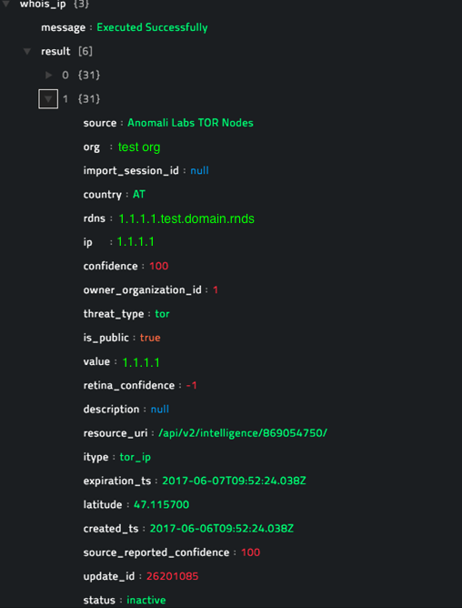 Sample output of the Get Whois IP Information operation