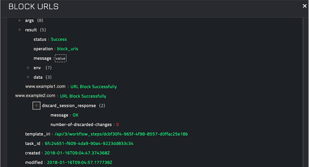 Sample output of the Block URLs operation