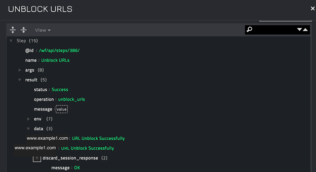 Sample output of the Unblock URLs operation