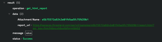 Sample output of the get report step in the Submit sample to threatgrid playbook