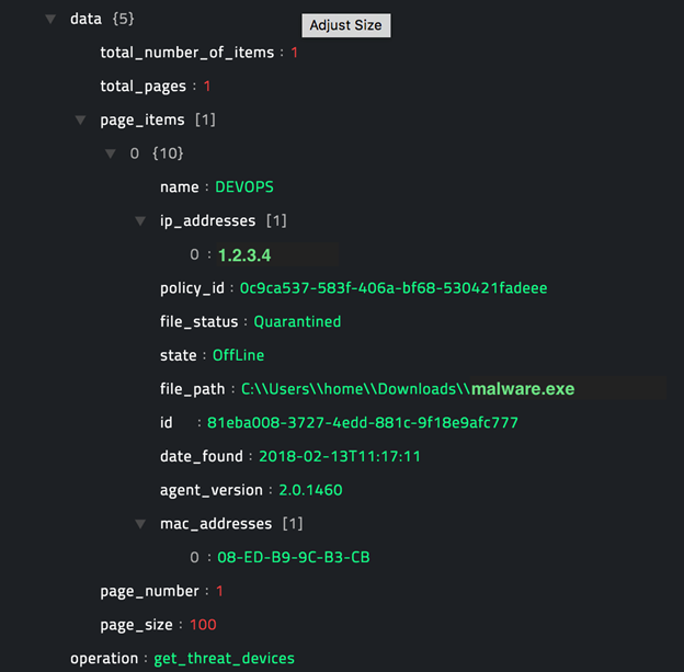 Sample output of the Get Threat Devices operation
