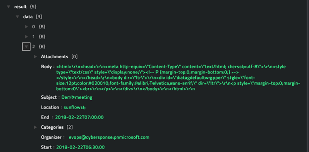 Sample output of the Get Calendar Events operation
