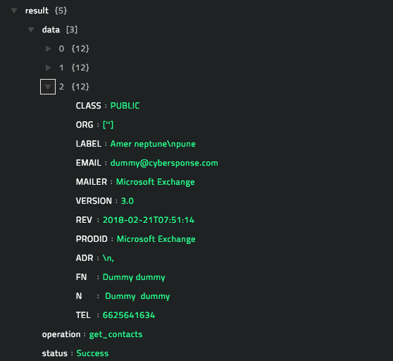 Sample output of the Get Contacts operation