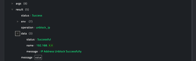 Sample output of the Unblock IP Address operation