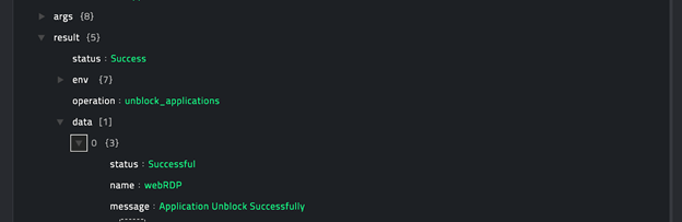 Sample output of the Unblock Applications operation
