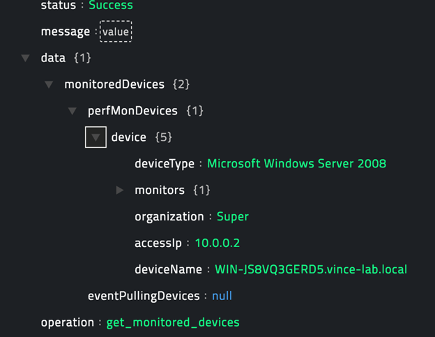 Sample output of the List Monitored Devices and Attributes operation