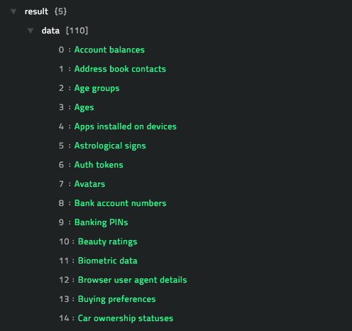 Sample output of the Get Data Classes operation
