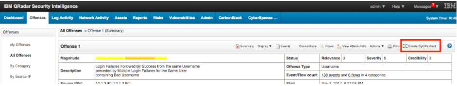 Offense Summary Toolbar - Create CyOPs alert button 