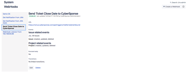 Screenshot of a configured Jira WebHook