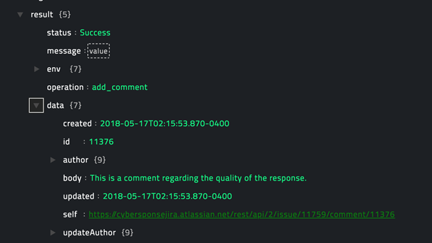 Sample output of the Add Comment operation