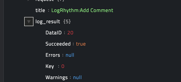 Sample output of the Add Comment operation