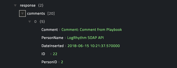 Sample output of the Comments output Get an Alarm operation