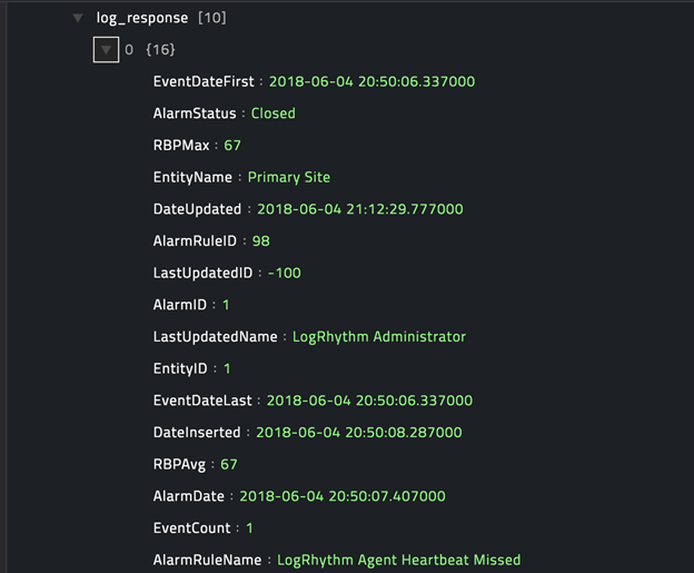 Sample output of the Pull Alarms triggered in last N minutes operation