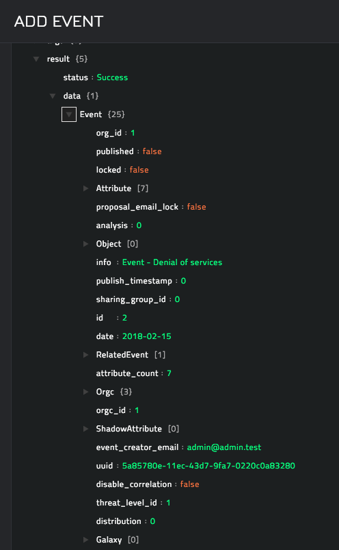 Sample output of the Add Event operation