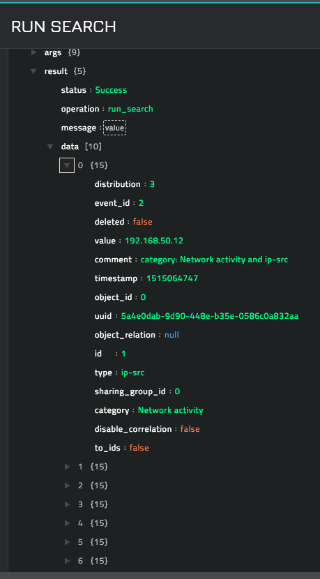 Sample output of the Run Search operation when Attributes is the controller