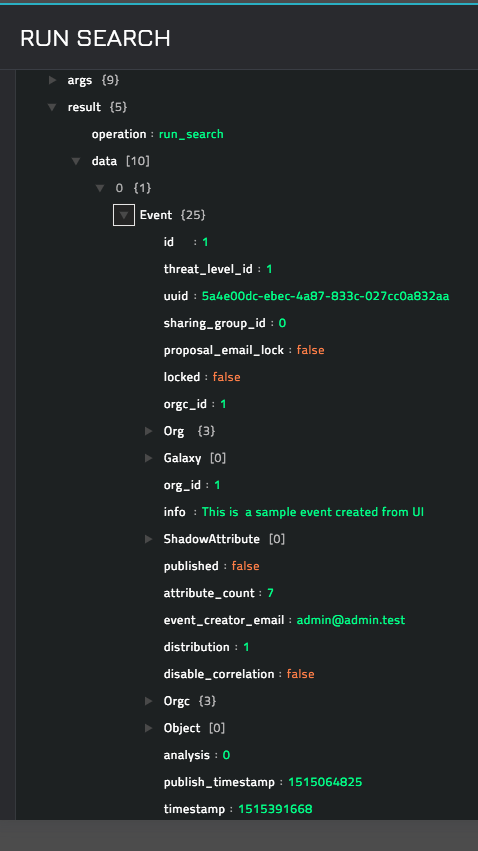 Sample output of the Run Search operation when Events is the controller