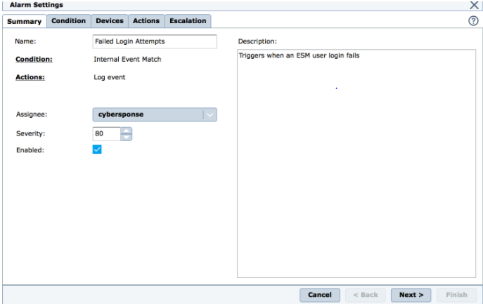 McAfee ESM - Alarm Settings dialog