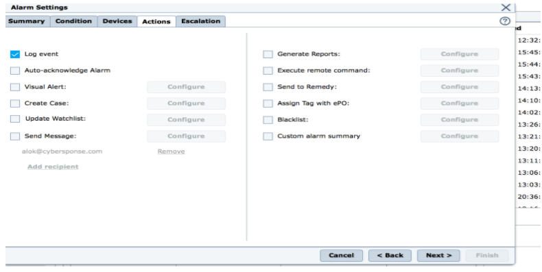 McAfee ESM - Alarm Settings dialog - Action Tab