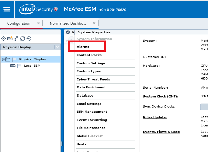 McAfee ESM - System Properties dialog