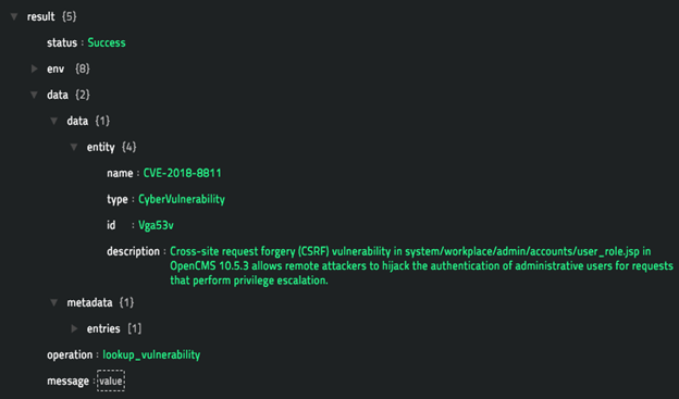 Sample output of the Lookup Vulnerability operation