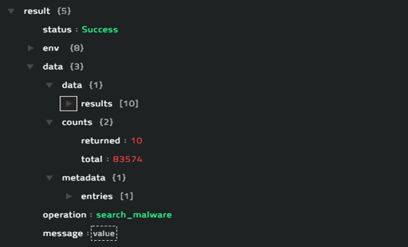 Sample output of the Search Malware operation