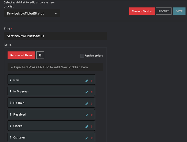 Adding a ServiceNowTicketStatus picklist