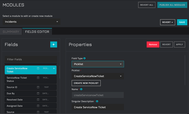Updating Incident module with Create ServiceNow ticket picklist
