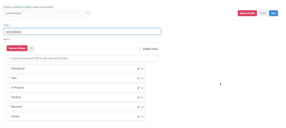 Adding a Splunk Status picklist