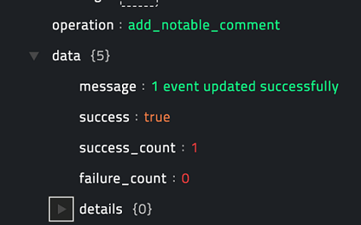 Sample output of the Add Comment to Notables operation