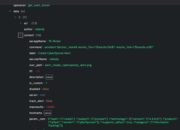 Sample output of the Get Splunk Action operation
