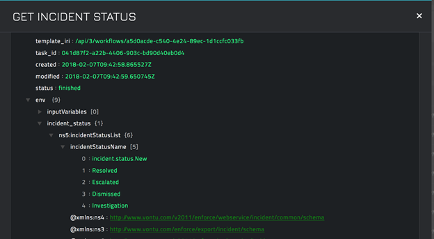 Sample output of the Get Incident Status operation