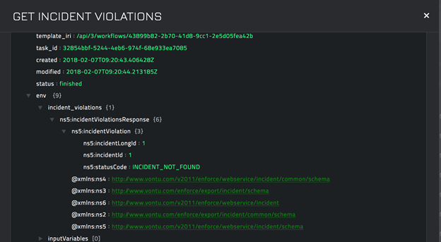 Sample output of the Get Incident Violations operation
