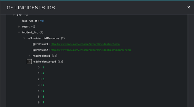 Sample output of the Get Incidents IDs operation