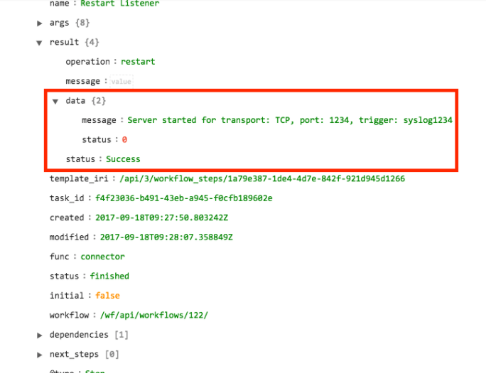Sample output of the Restart Listener operation