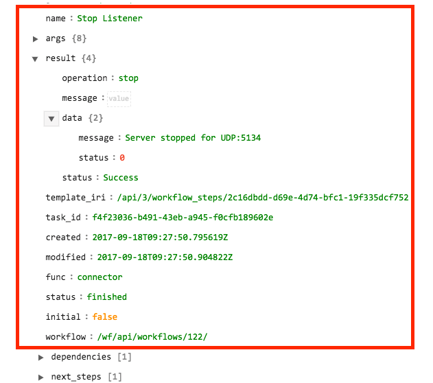 Sample output of the Stop Listener operation