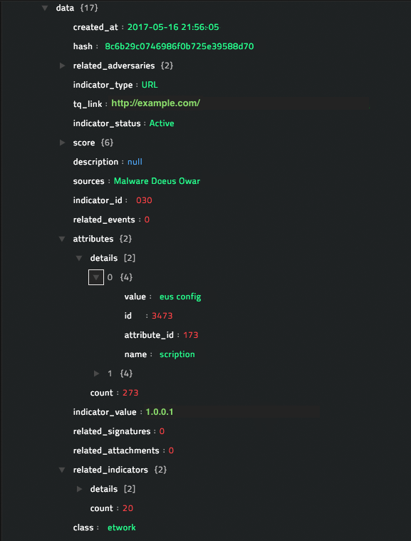 Sample output of the Get URL Reputation operation