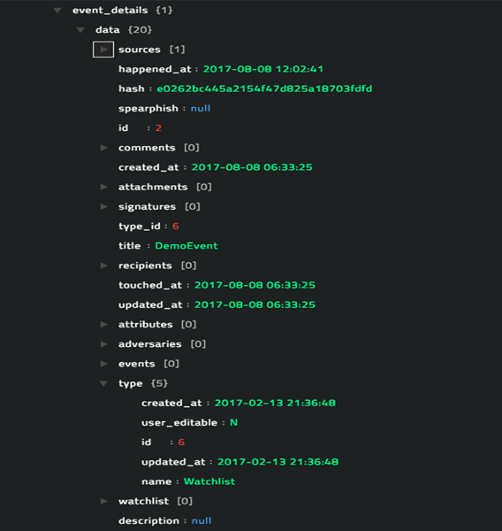 Sample output of the Search Event operation