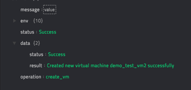 Sample output of the Create VM operation