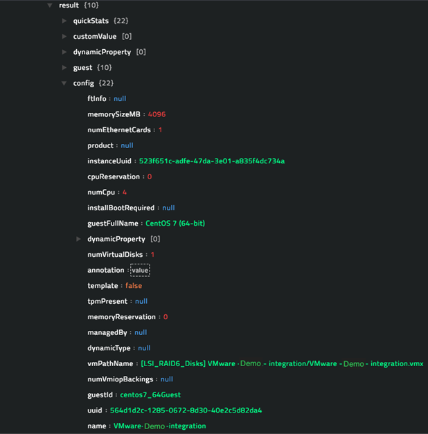 Sample output of the Get VM Information operation
