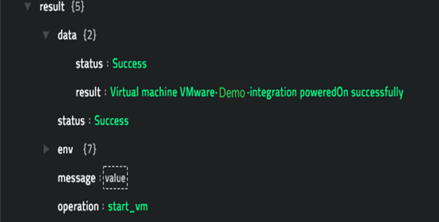 Sample output of the Start VM operation