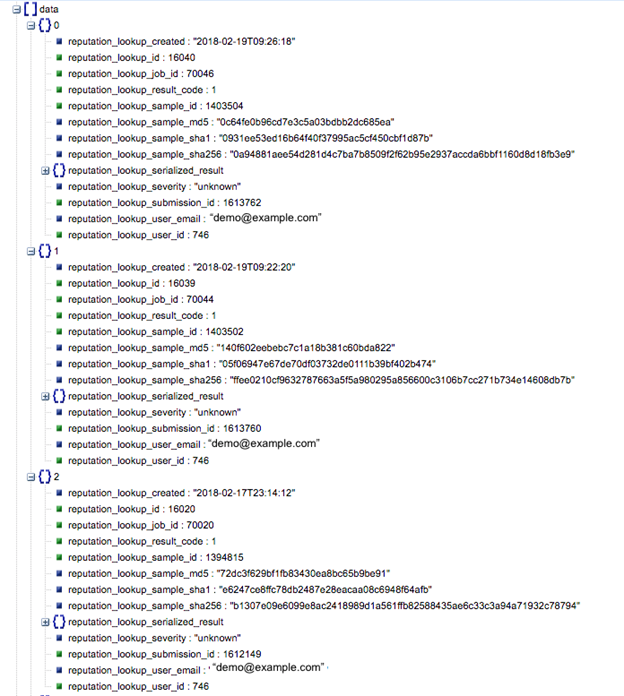 Sample output of the Get Reputation Lookups operation