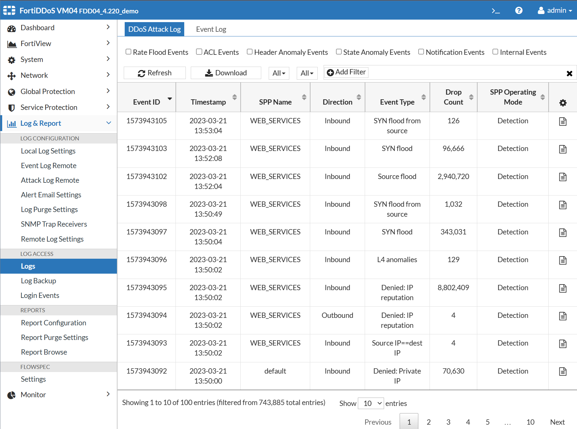 Working with the FortiDDoS attack log | FortiDDoS-F 6.5.0