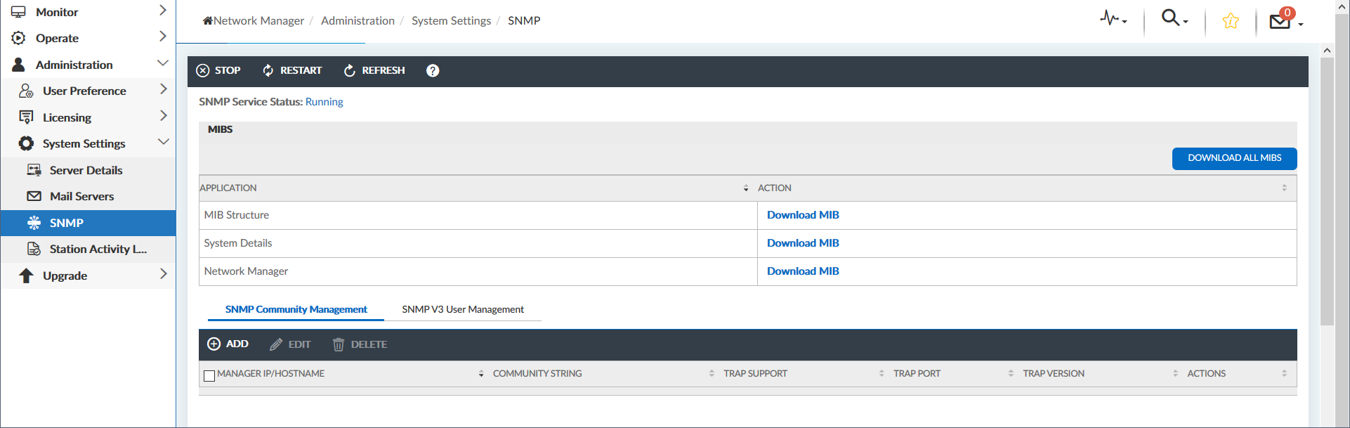 The SNMP Administration screen.