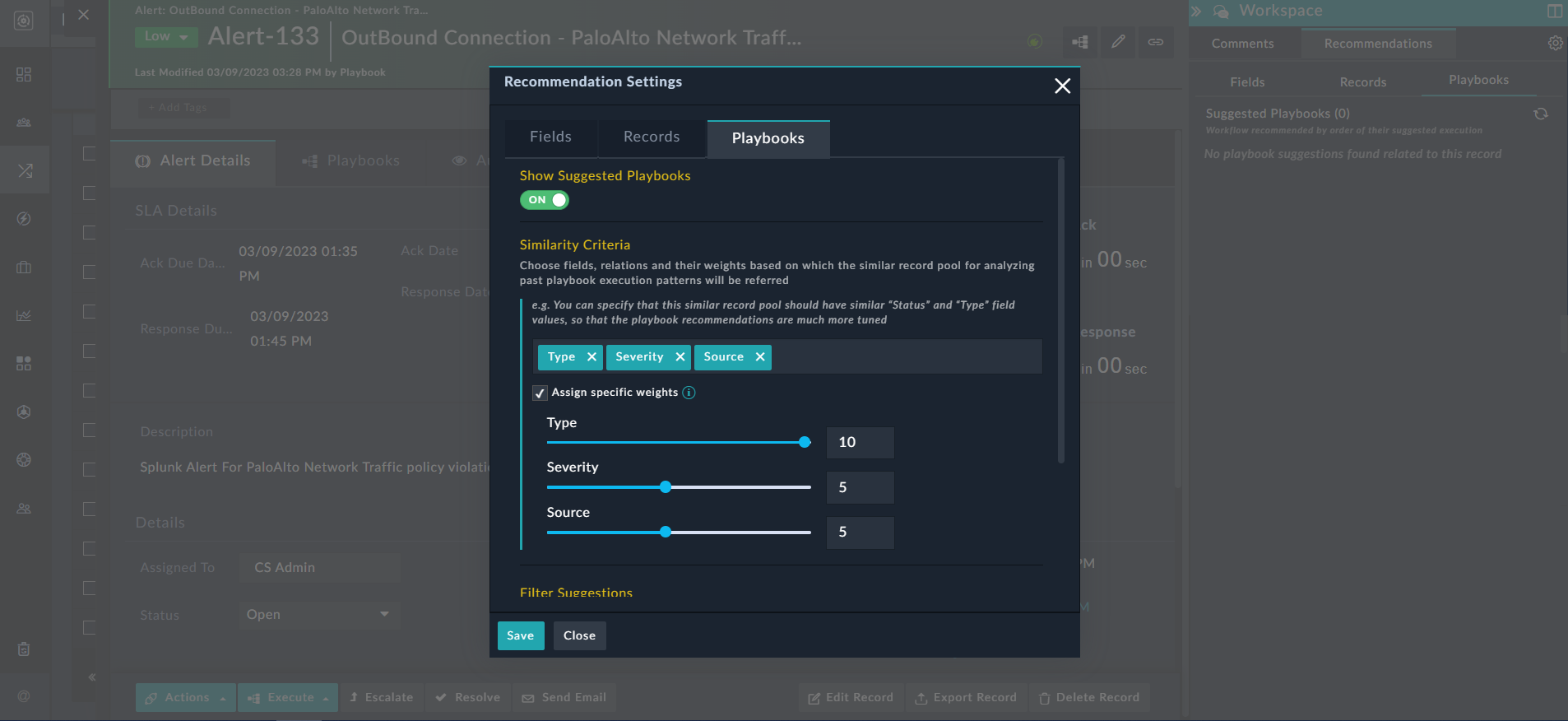 Defining the Similarity Criteria for displaying playbook suggestions