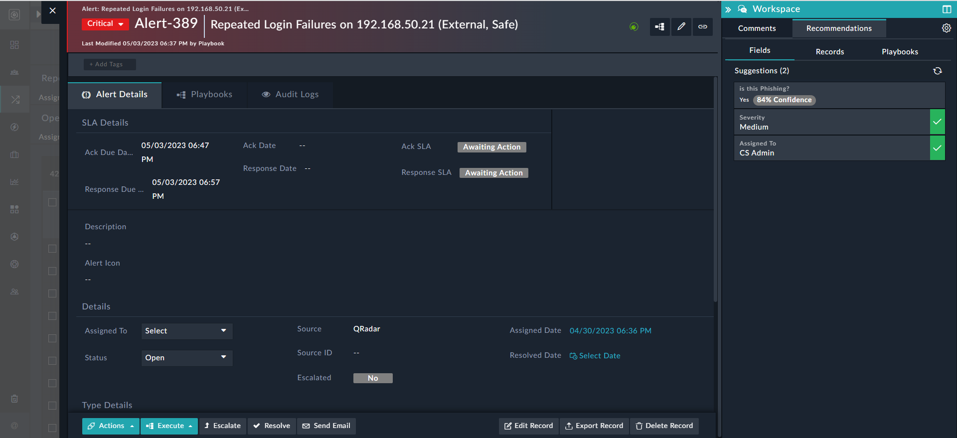 Field Suggestions provided by FortiSOAR based on the recommendation engine